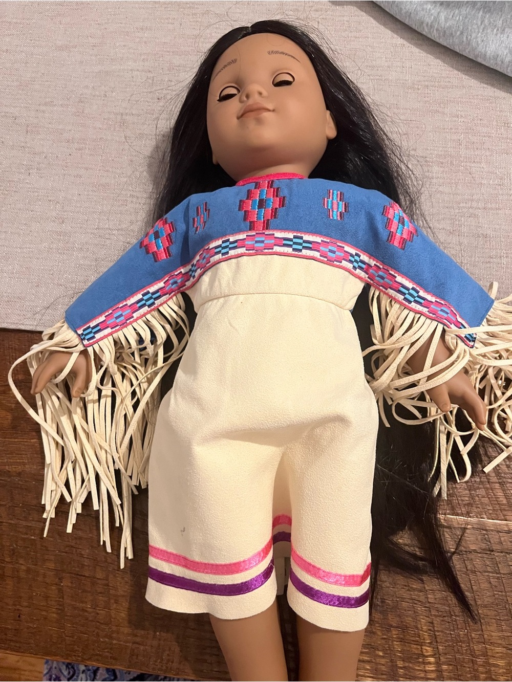 American Girl Cream Romper with Blue Embroidered Poncho and Pink Trim